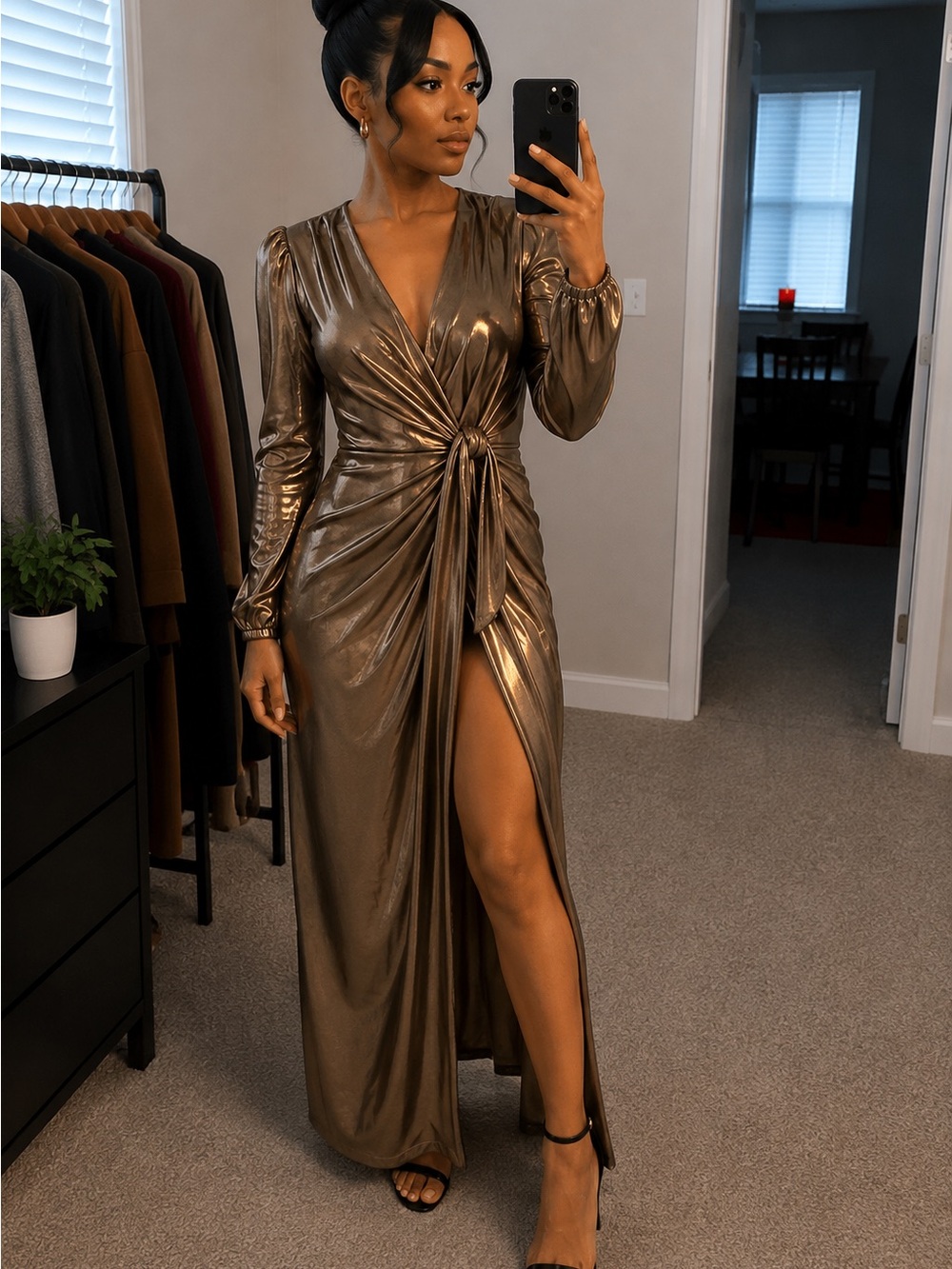 Society Metallic Bronze Long-Sleeve Wrap Gown with Front Slit